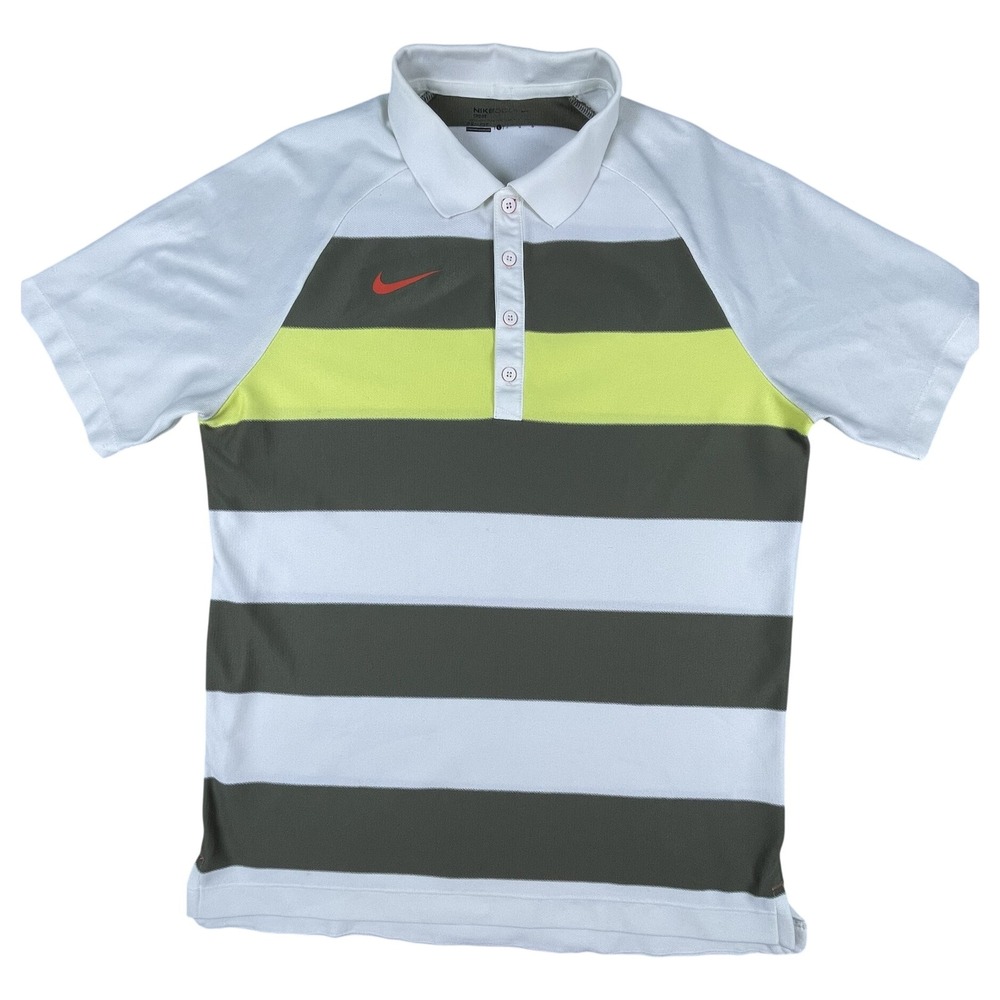 Nike Polo Shirt Mens L White Brown Striped Dri-FIT Golf Sport Short Sleeve